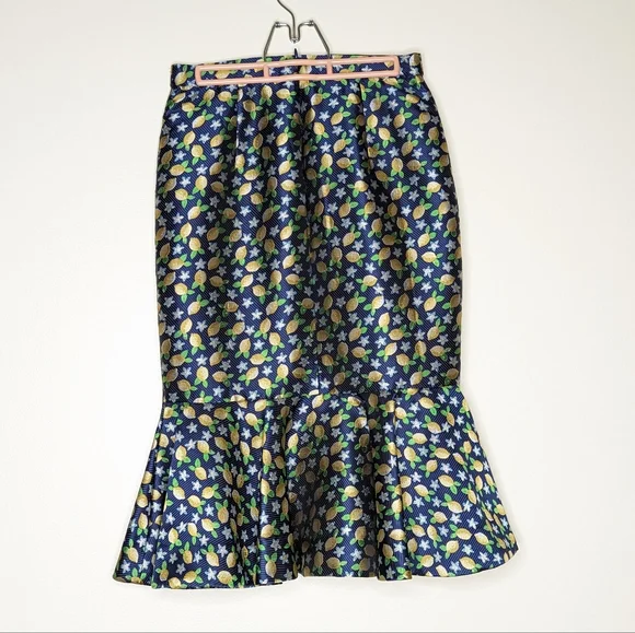 J crew lemon print trumpet skirt blue yellow fitted size XS 0 - Picture 6 of 7